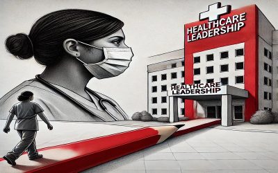 Illustration of a South Asian female healthcare worker in scrubs crossing a bridge drawn by a large red and white pencil. The bridge connects her to a hospital labeled ‘Healthcare Leadership,’ symbolising overcoming barriers to career progression in the NHS.